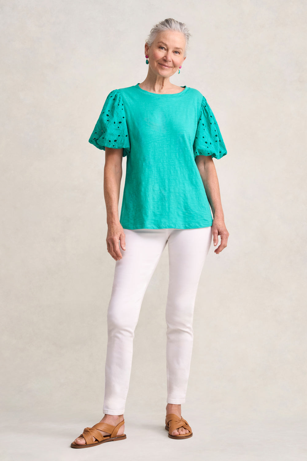 Broderie Sleeve Cotton T-Shirt - Viridian