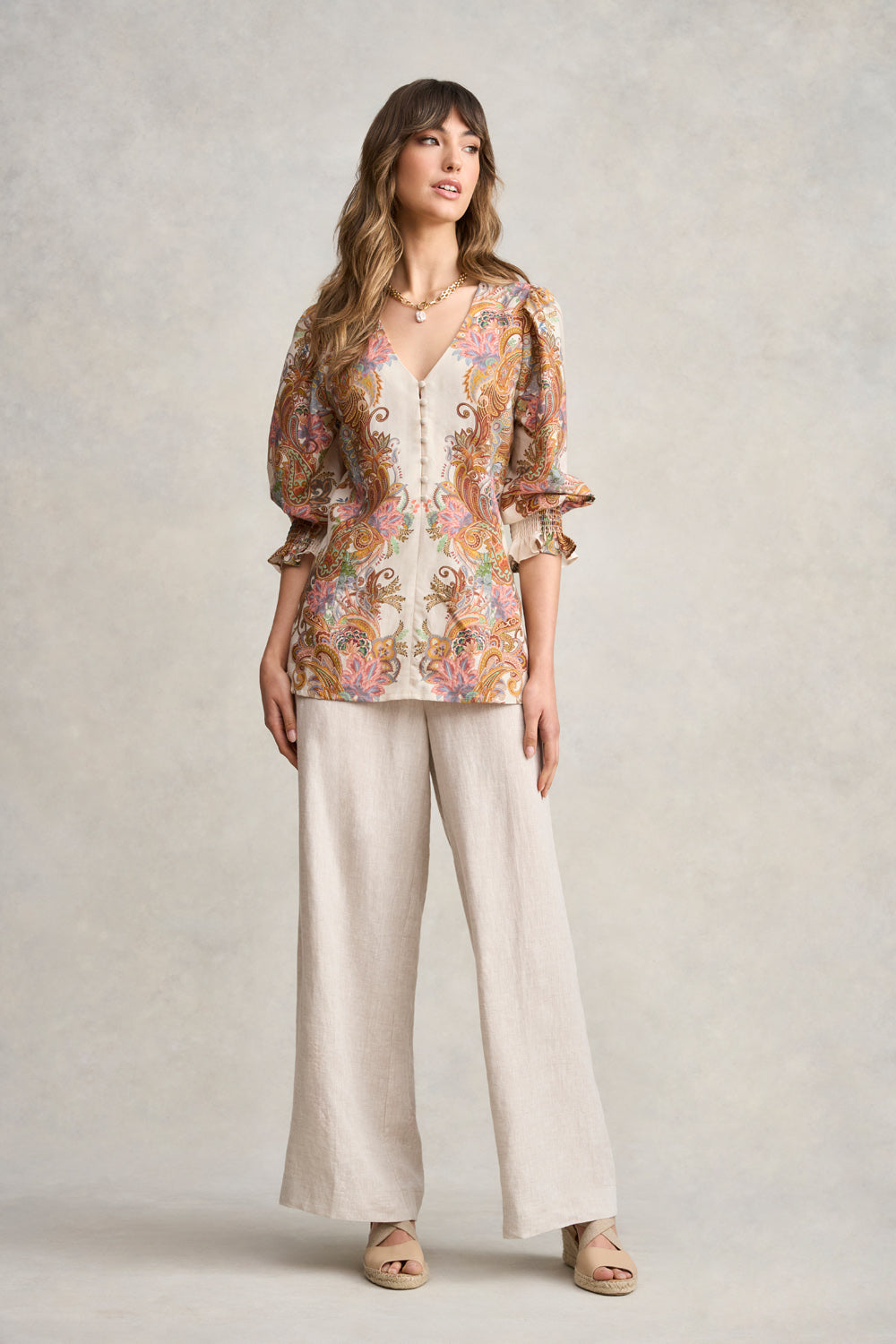 Paisley Border Print Blouse - Cream Paisley Border