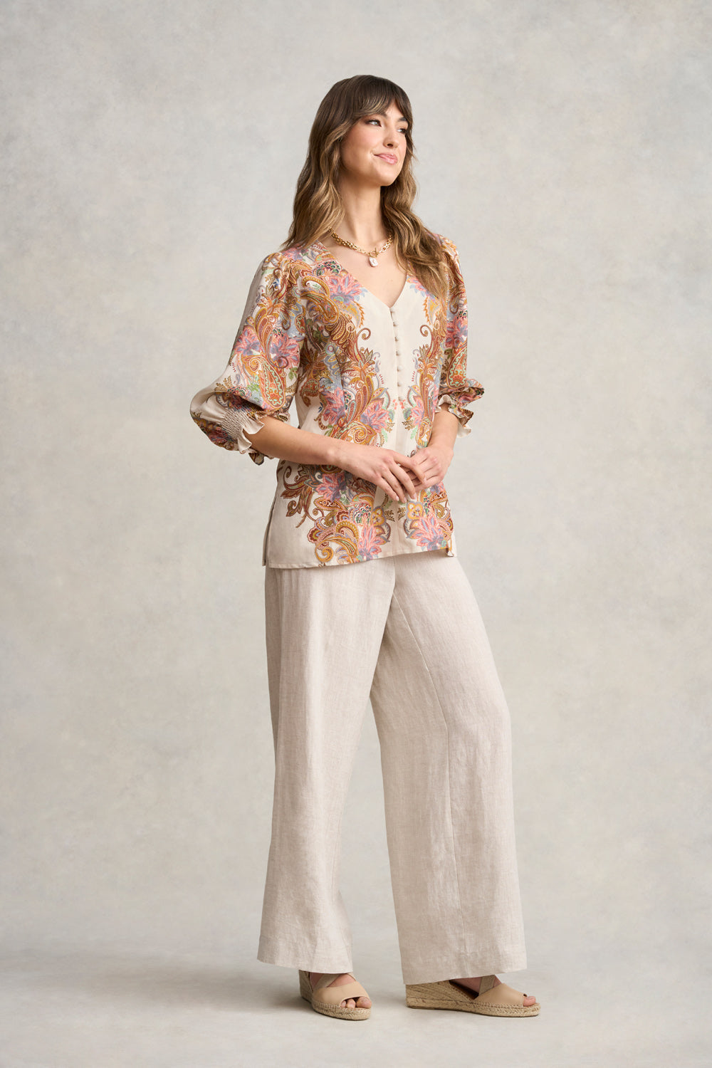 Paisley Border Print Blouse - Cream Paisley Border
