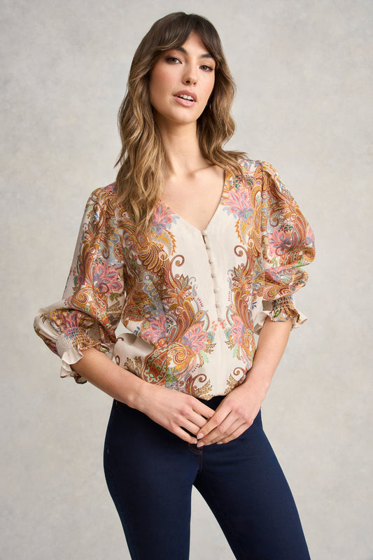 Paisley Border Print Blouse - Cream Paisley Border