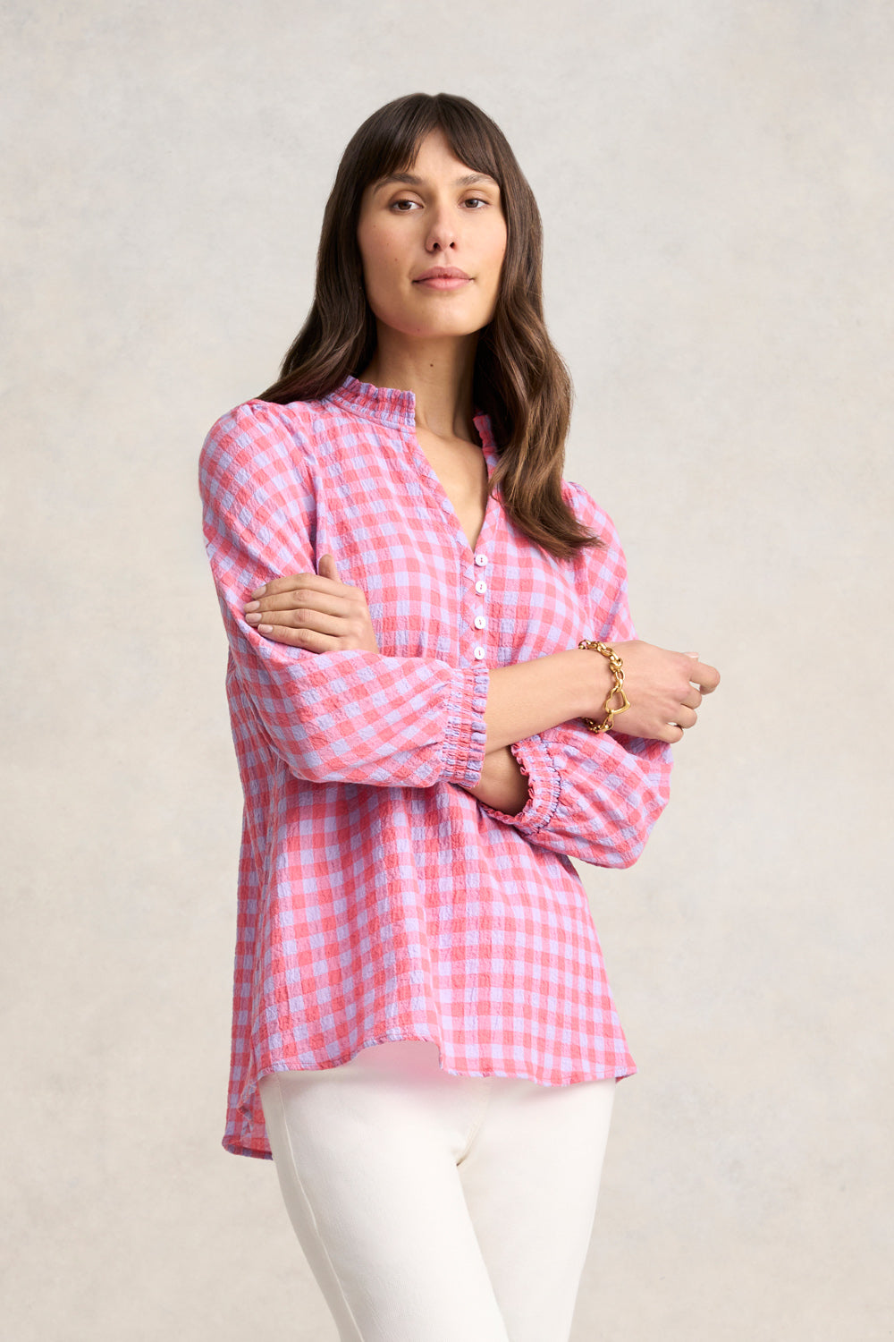 Cotton Gingham Blouse - Lilac & Coral Gingham