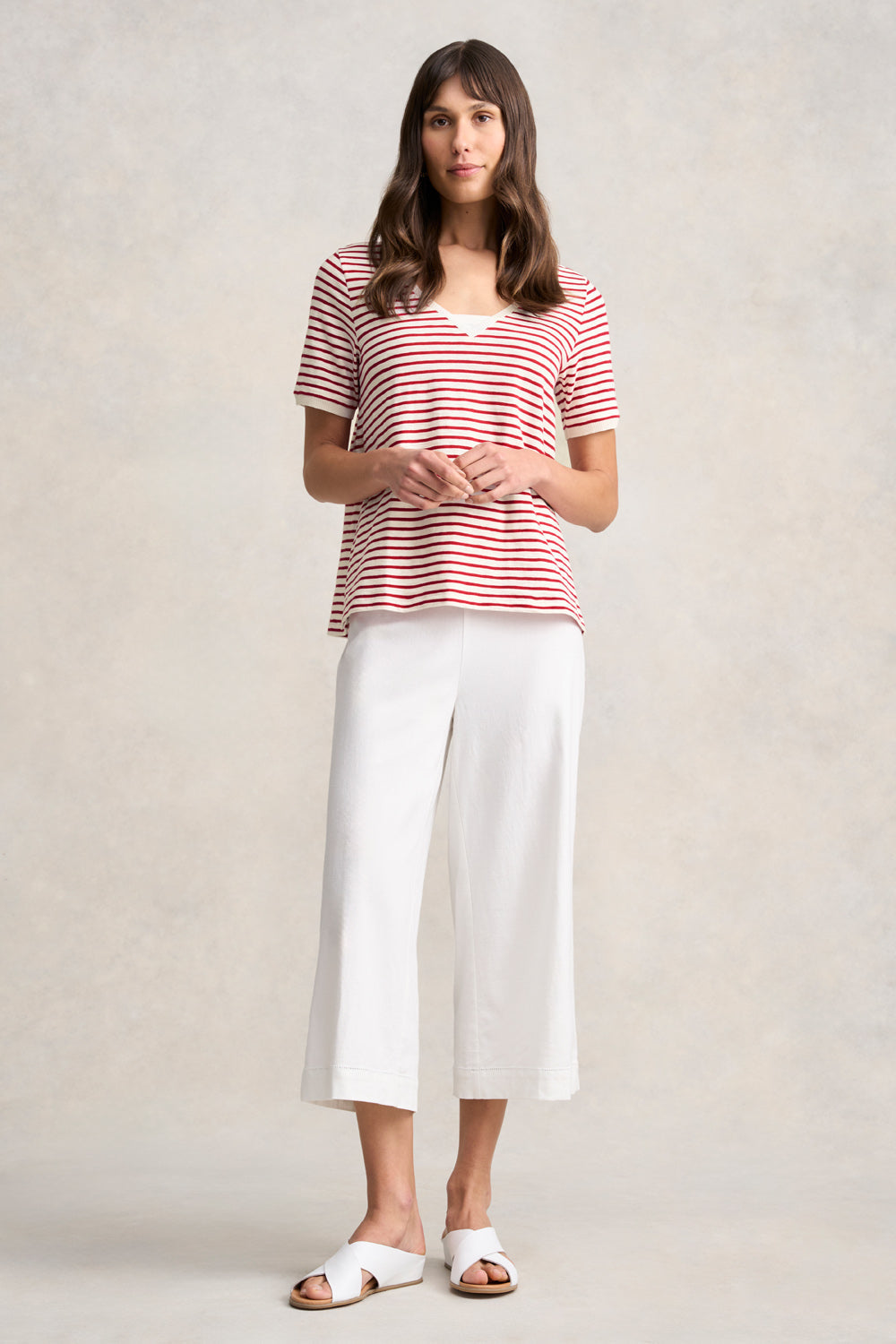 Insert V-Neck Cotton T-Shirt - Rouge & White Stripes