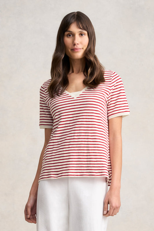 Insert V-Neck Cotton T-Shirt - Rouge & White Stripes