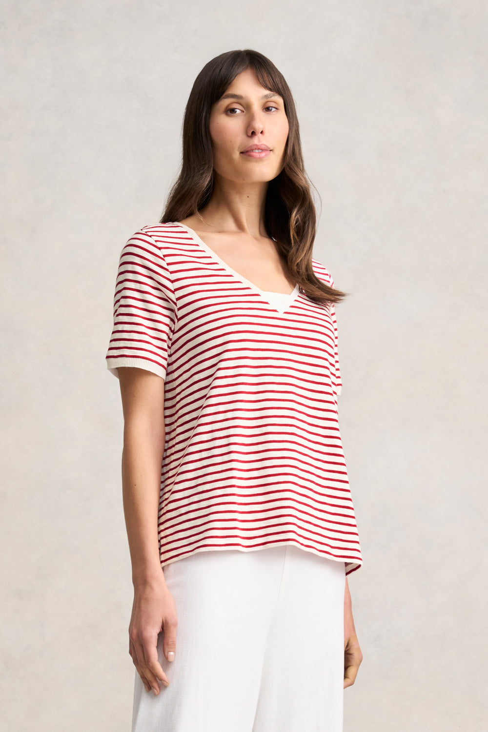 Insert V-Neck Cotton T-Shirt - Rouge & White Stripes