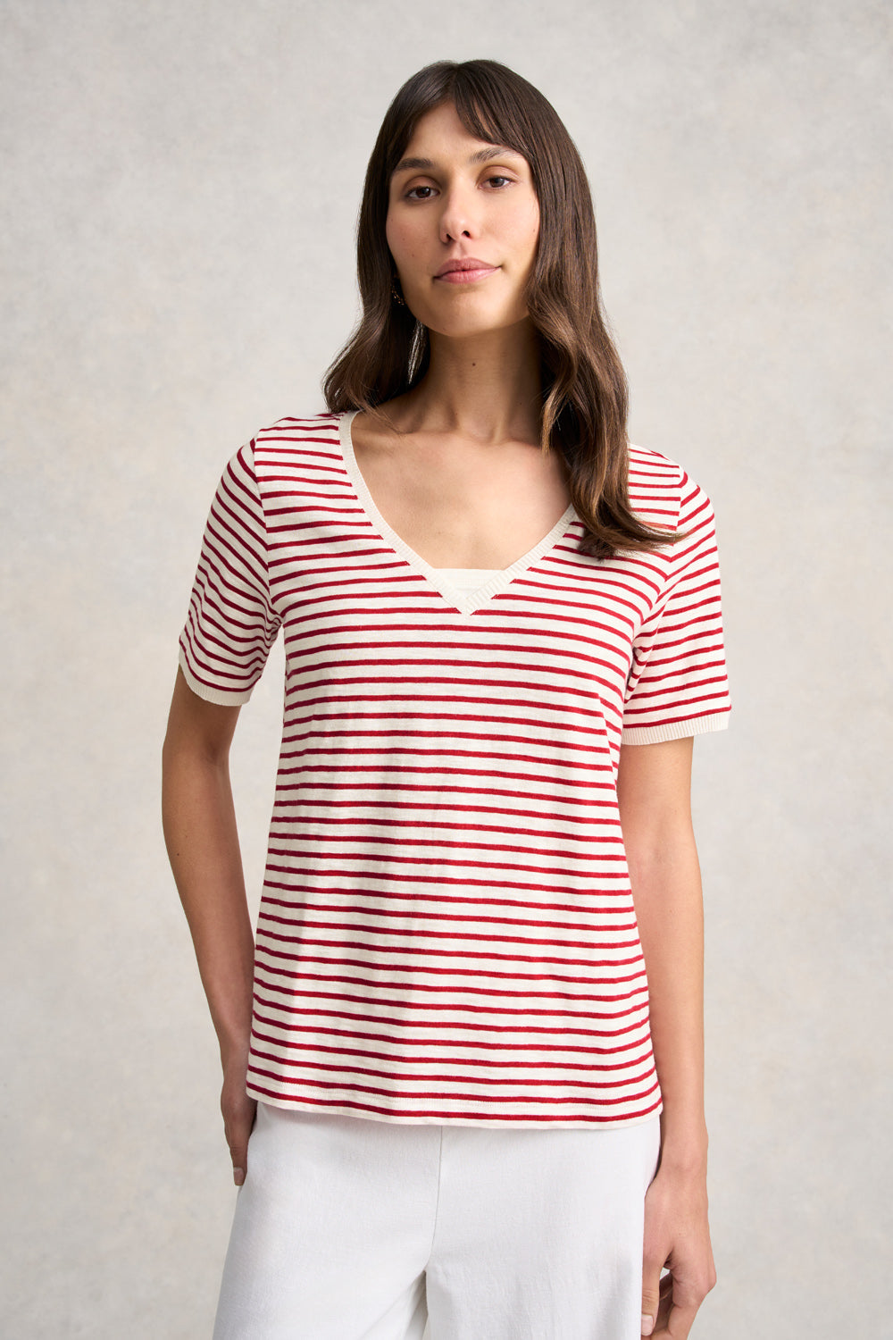 Insert V-Neck Cotton T-Shirt - Rouge & White Stripes