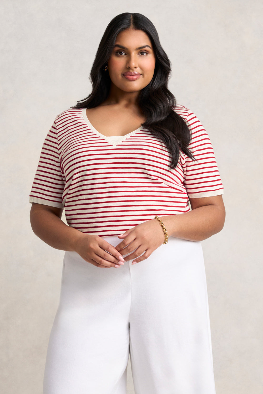 Insert V-Neck Cotton T-Shirt - Rouge & White Stripes