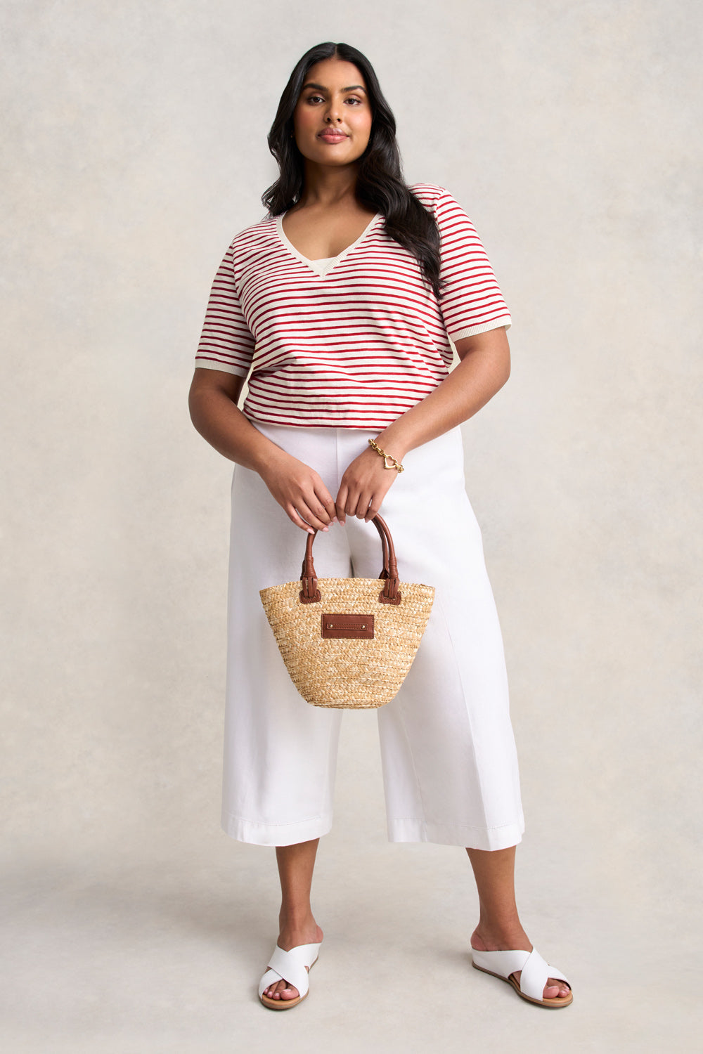 Insert V-Neck Cotton T-Shirt - Rouge & White Stripes