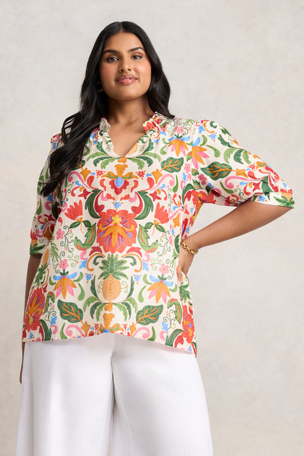 Ruffle Collar Blouse - Tropical Tambour