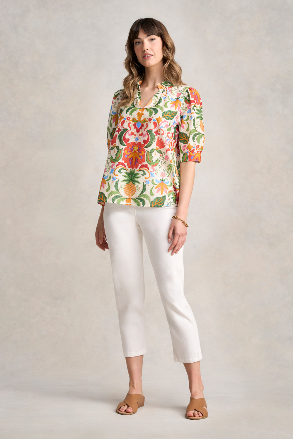 Ruffle Collar Blouse - Tropical Tambour