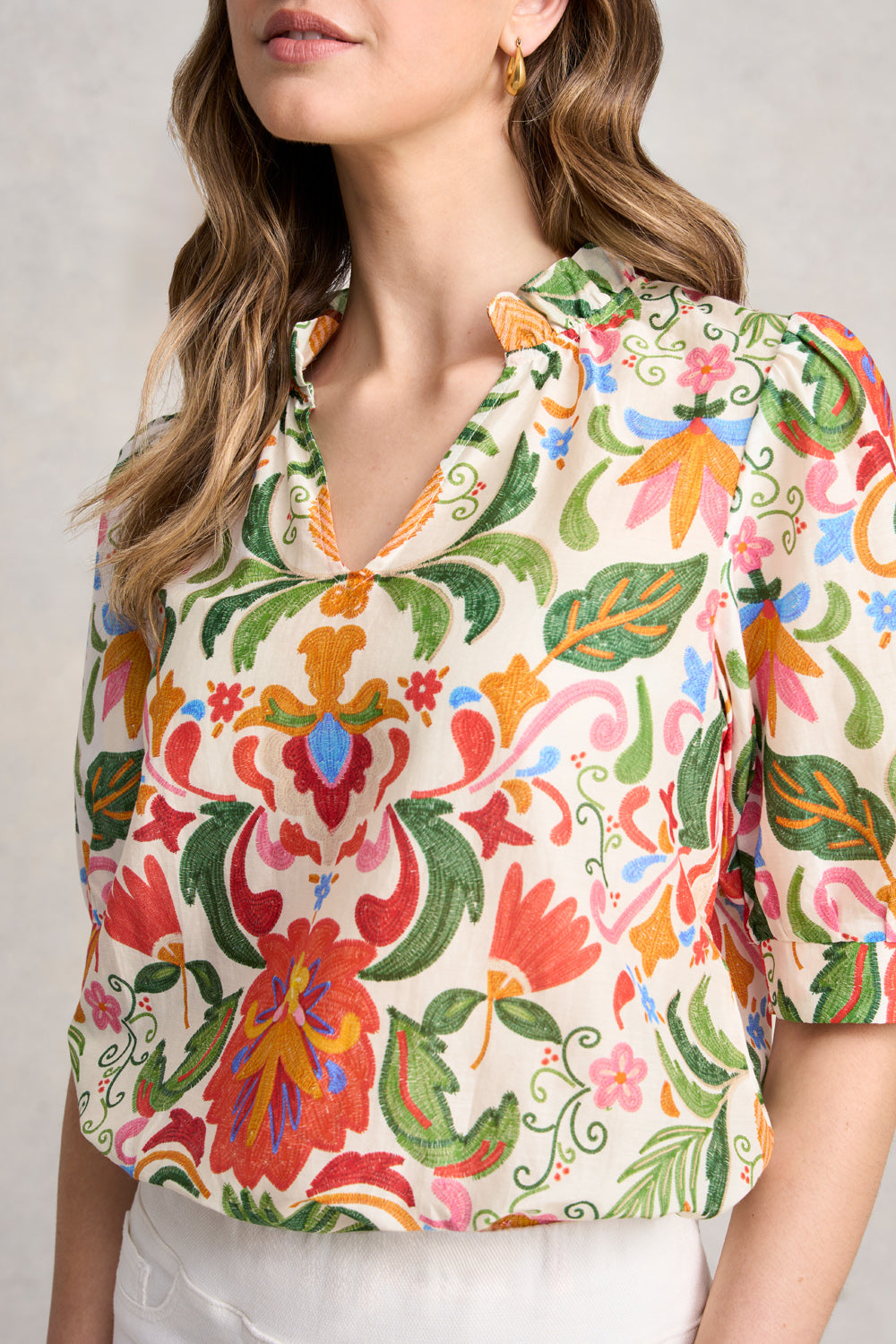 Ruffle Collar Blouse - Tropical Tambour
