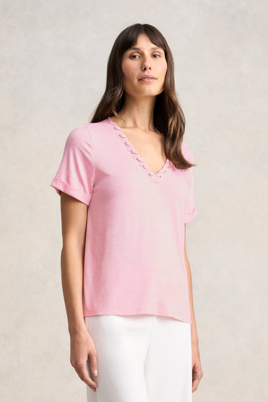 Eyelet Detail T-Shirt - Pink Marle