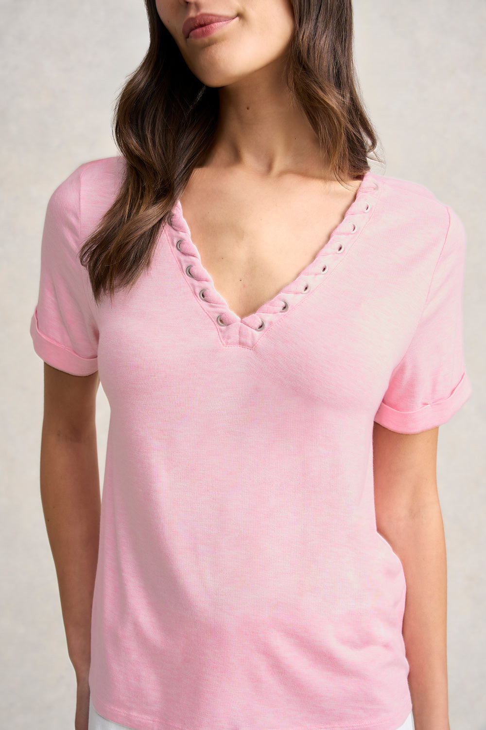 Eyelet Detail T-Shirt - Pink Marle