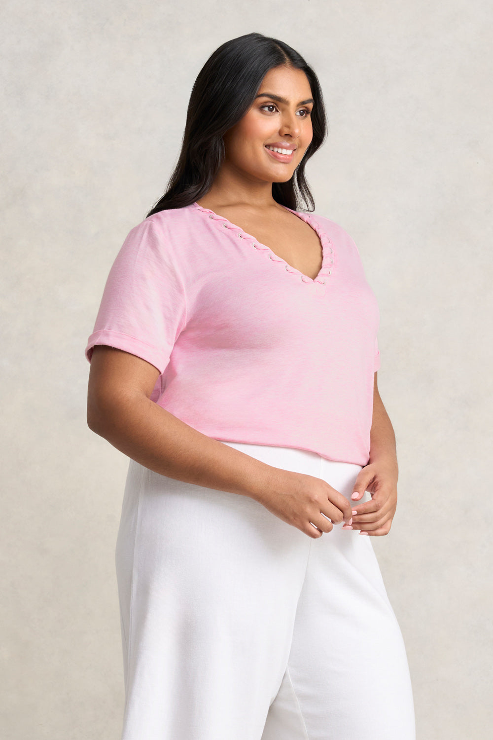 Eyelet Detail T-Shirt - Pink Marle