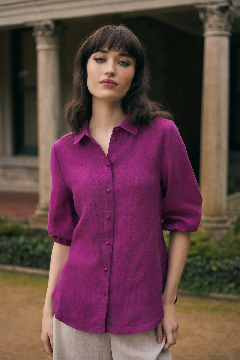 3/4 Sleeve Linen Shirt - Purple Cross Dye