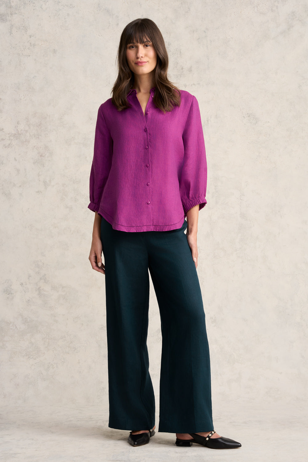 3/4 Sleeve Linen Shirt - Purple Cross Dye