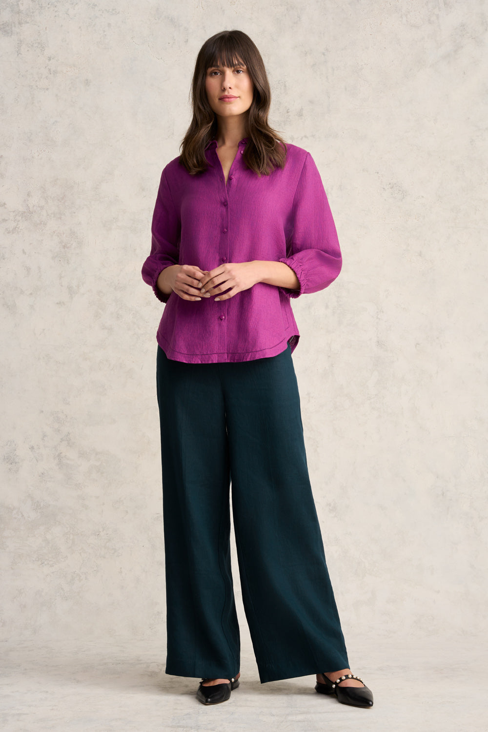 3/4 Sleeve Linen Shirt - Purple Cross Dye