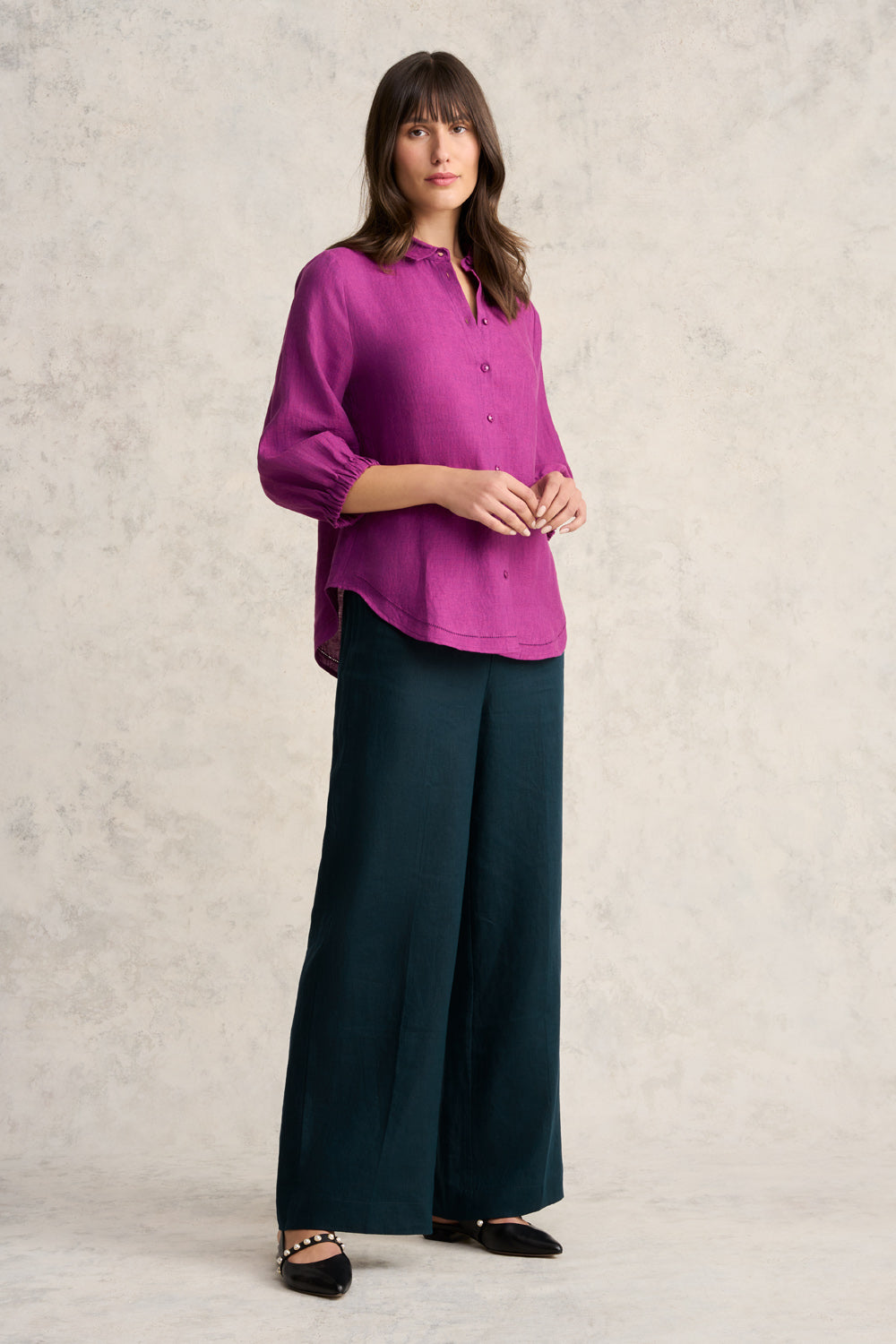 3/4 Sleeve Linen Shirt - Purple Cross Dye