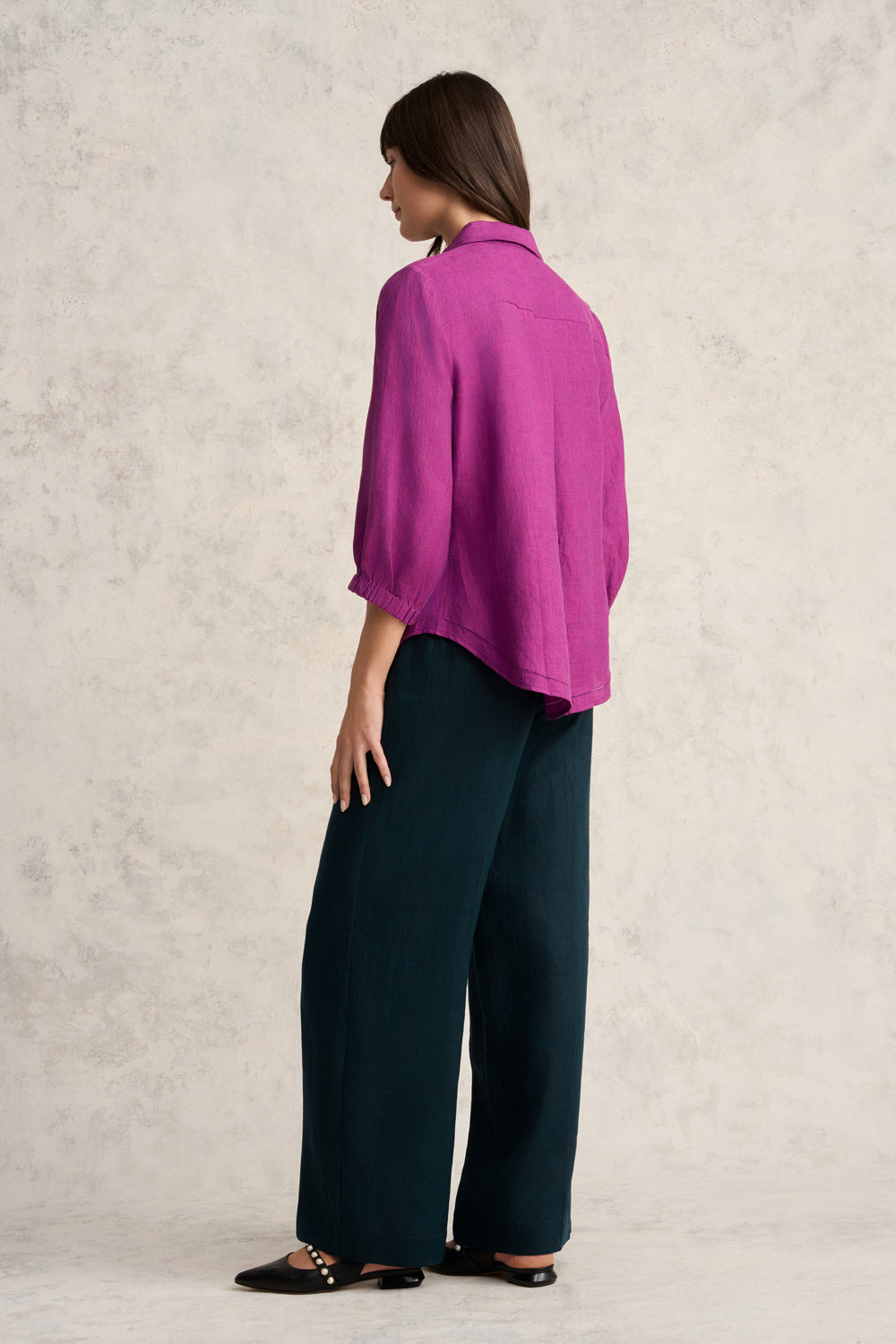 3/4 Sleeve Linen Shirt - Purple Cross Dye