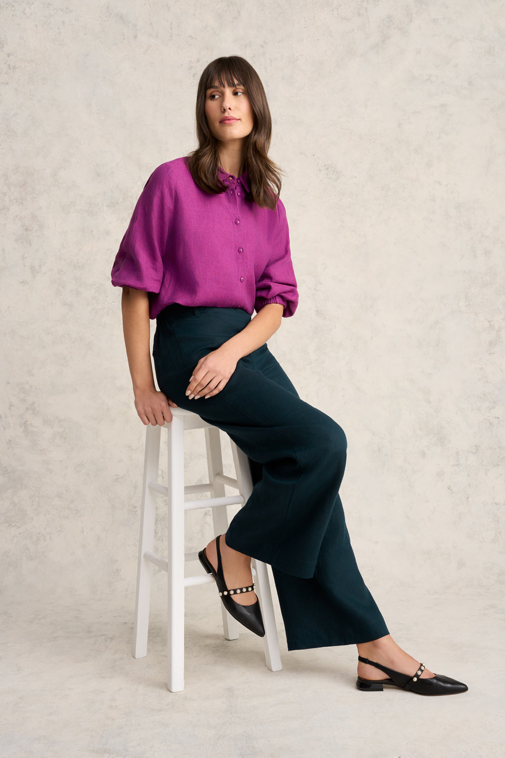 3/4 Sleeve Linen Shirt - Purple Cross Dye