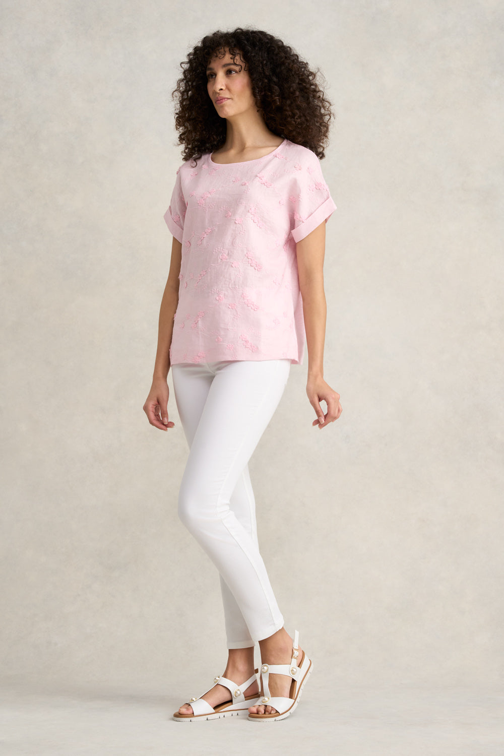 Mixed Linen Floral T-Shirt - Ice Pink